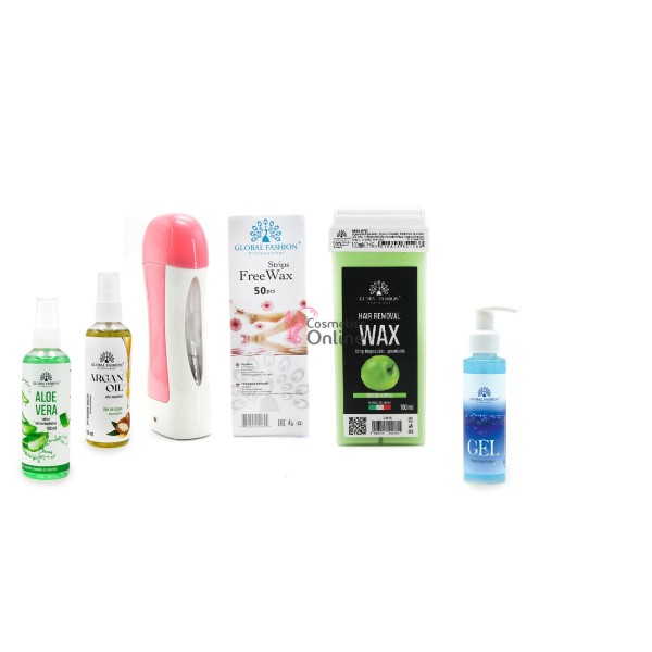 Kit pentru epilat GF 3-2, cu incalzitor roz, 50 benzi epilat, 1 cartus ceara cu mar verde, 3 lotiuni, art 23404